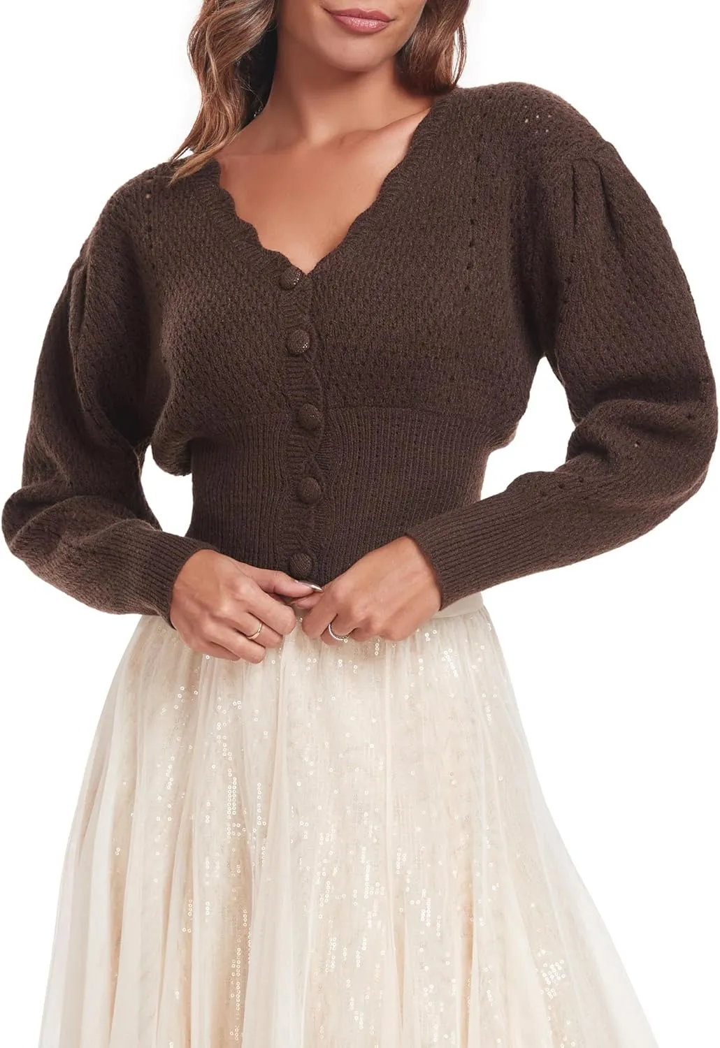 Women's Puff Short Sleeve Sweater V-Neck Button Knit Tops Crochet Soft Knitwear