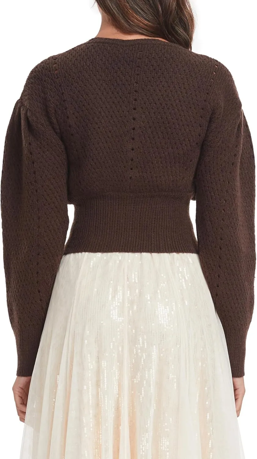 Women's Puff Short Sleeve Sweater V-Neck Button Knit Tops Crochet Soft Knitwear