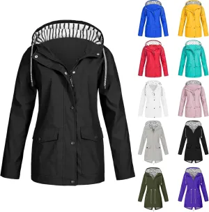 Womens Rain Jacket Waterproof Windproof Hooded Zip Up Raincoat Outdoor Hiking Fall Winter Trench Coat with Pockets