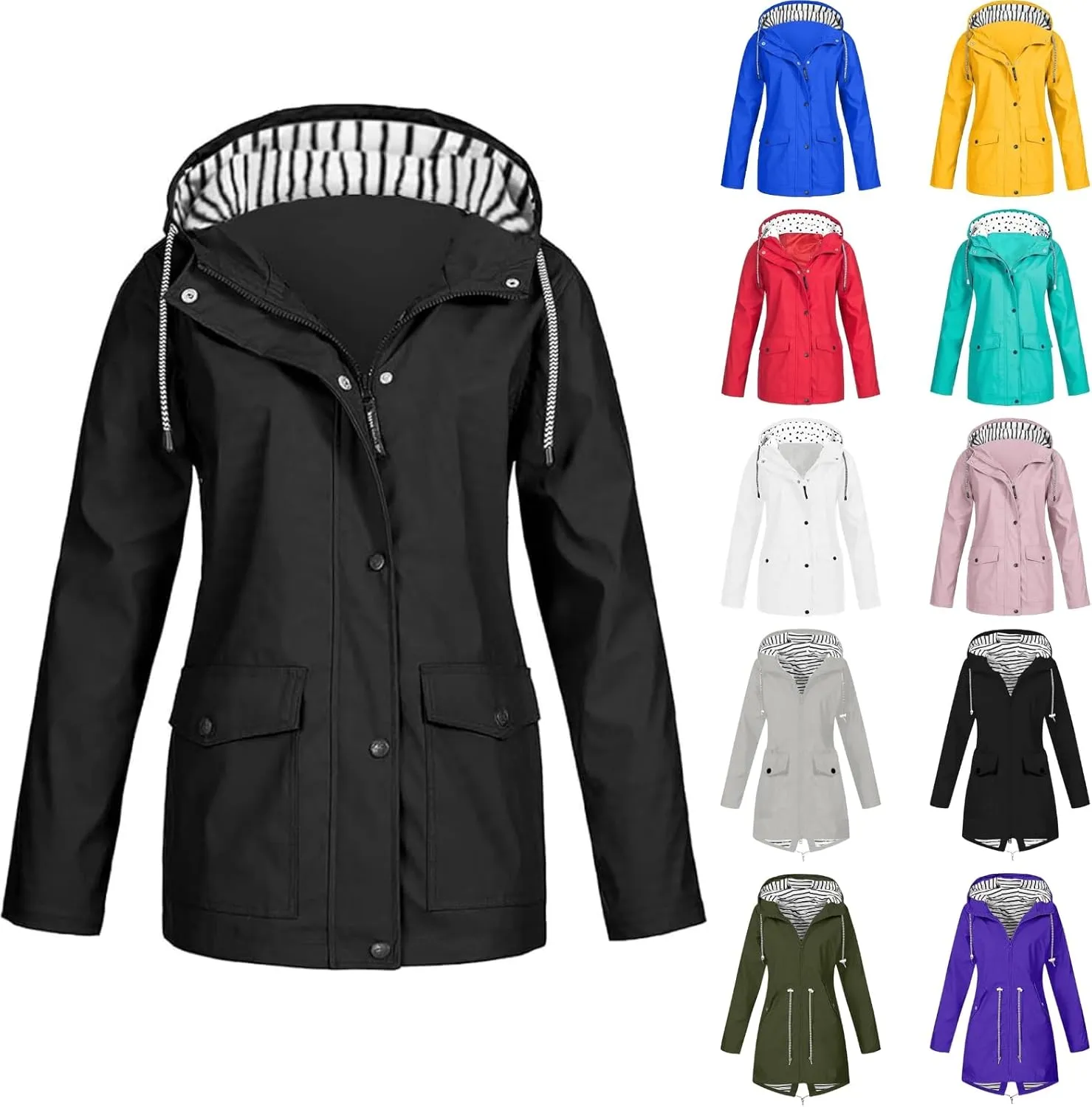 Womens Rain Jacket Waterproof Windproof Hooded Zip Up Raincoat Outdoor Hiking Fall Winter Trench Coat with Pockets