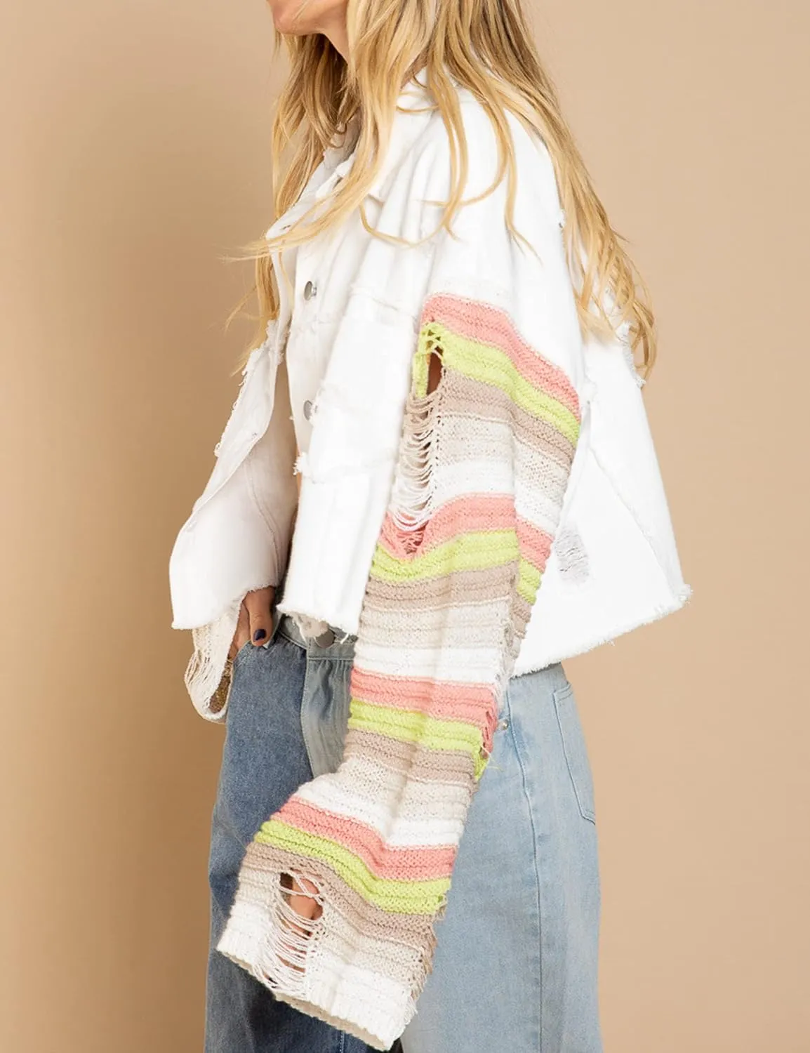 Womens Rainbow Sweater Sleeve Crop Denim Jacket Distressed Ripped Frayed Hem Patchwork Jean Jacket Coat