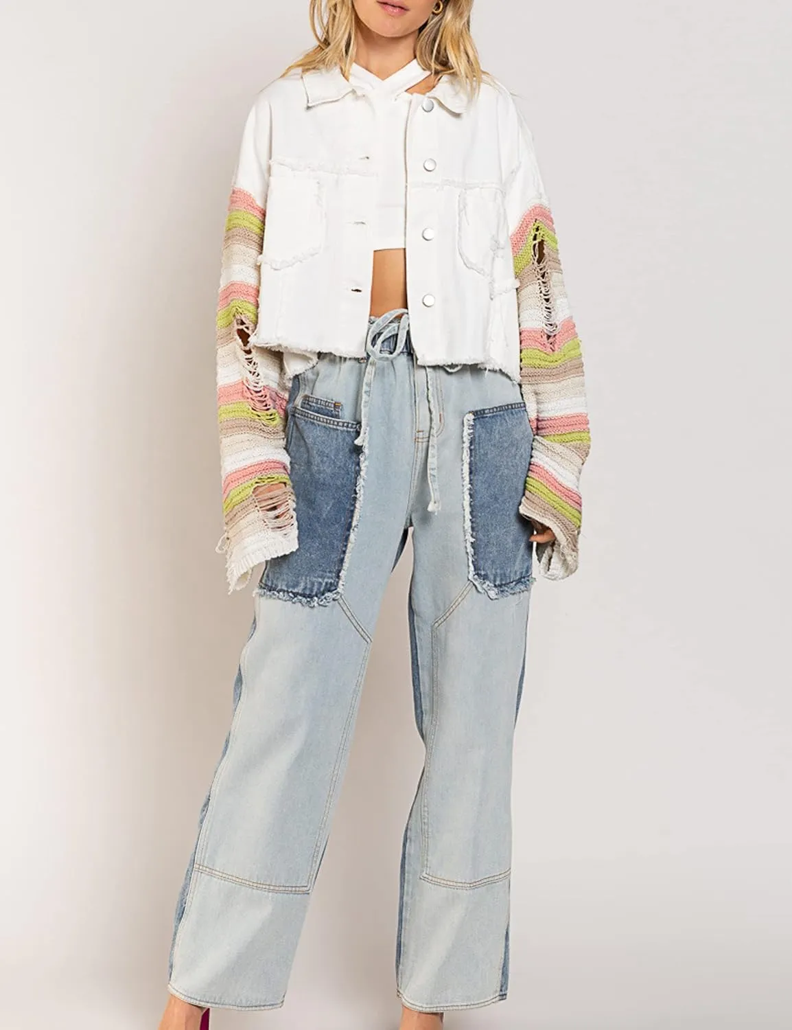 Womens Rainbow Sweater Sleeve Crop Denim Jacket Distressed Ripped Frayed Hem Patchwork Jean Jacket Coat