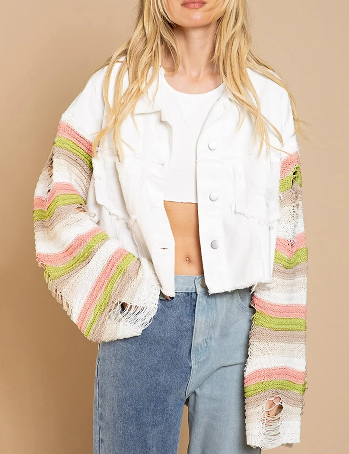 Womens Rainbow Sweater Sleeve Crop Denim Jacket Distressed Ripped Frayed Hem Patchwork Jean Jacket Coat