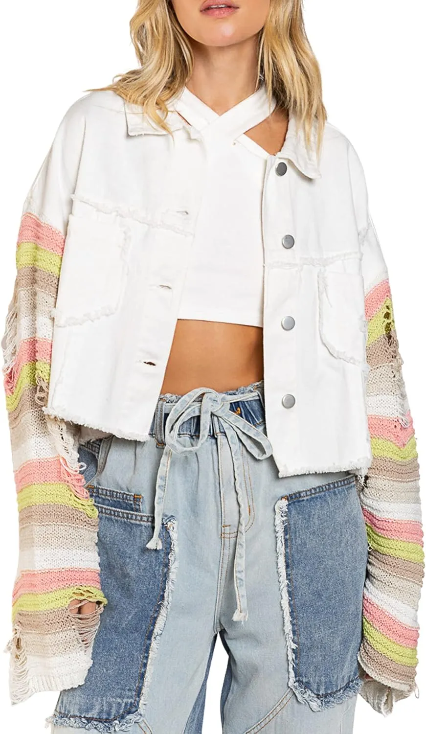 Womens Rainbow Sweater Sleeve Crop Denim Jacket Distressed Ripped Frayed Hem Patchwork Jean Jacket Coat