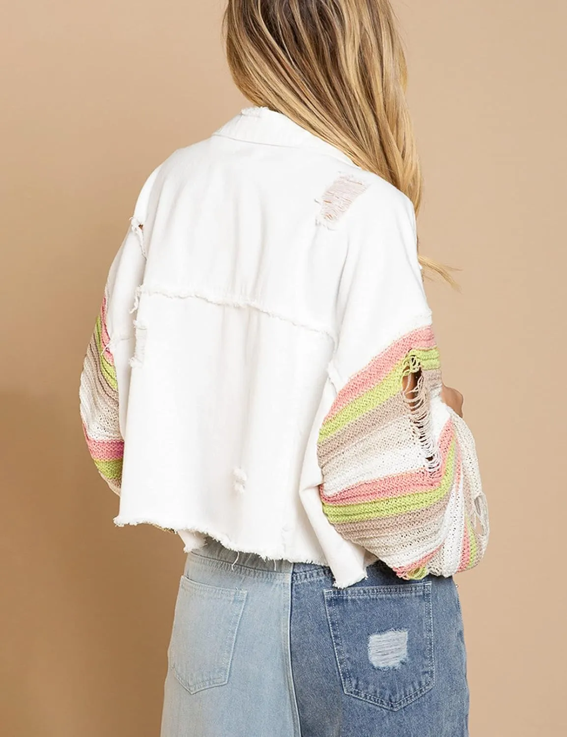 Womens Rainbow Sweater Sleeve Crop Denim Jacket Distressed Ripped Frayed Hem Patchwork Jean Jacket Coat