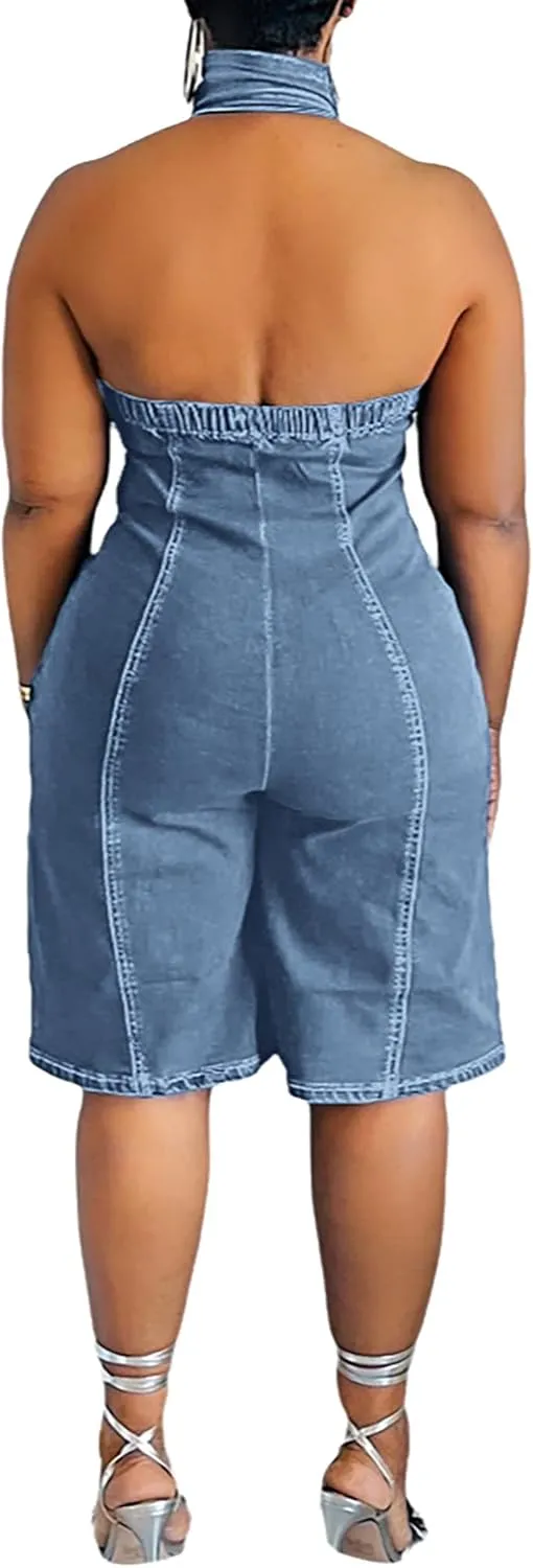 Women's Sexy Halter Sleeveless Zipper Denim Romper Shorts Slim Fit Stretch Distressed Jean Jumpsuit Shorts