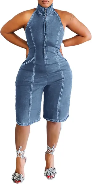 Women's Sexy Halter Sleeveless Zipper Denim Romper Shorts Slim Fit Stretch Distressed Jean Jumpsuit Shorts