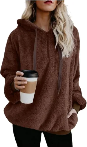 Women's Sherpa Quarter Zip Pullover Oversized Trendy Comfy Blanket Hoodies Y2k Loose Fit Sweatshirt Winter Clothes