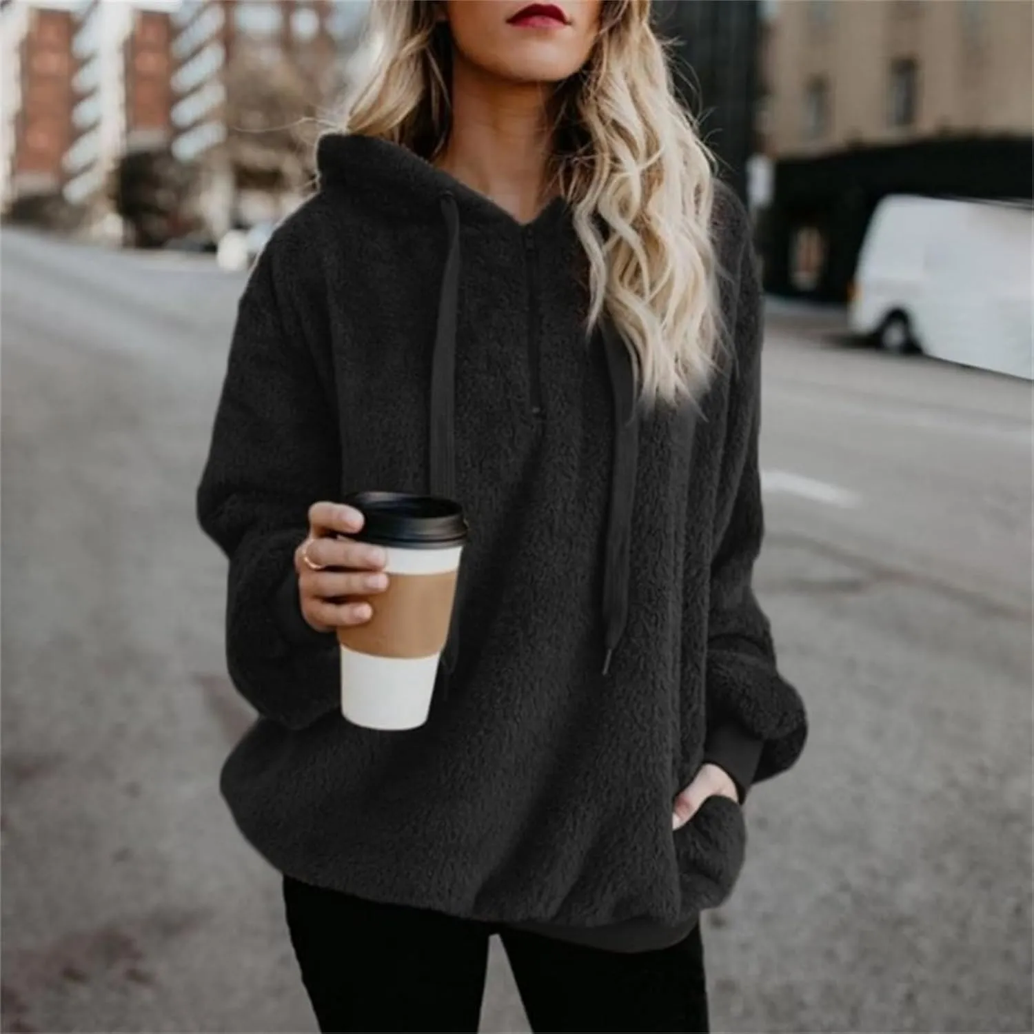 Women's Sherpa Quarter Zip Pullover Oversized Trendy Comfy Blanket Hoodies Y2k Loose Fit Sweatshirt Winter Clothes
