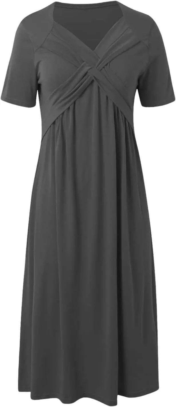 Womens Short Sleeve Dress Casual Plus Size V-Neck Maxi Dresses A Line Flowy Beach Sundress with Pockets