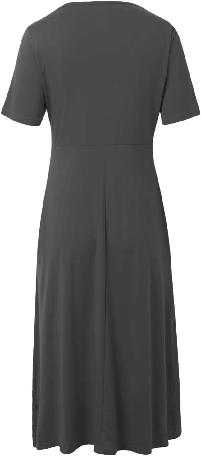 Womens Short Sleeve Dress Casual Plus Size V-Neck Maxi Dresses A Line Flowy Beach Sundress with Pockets