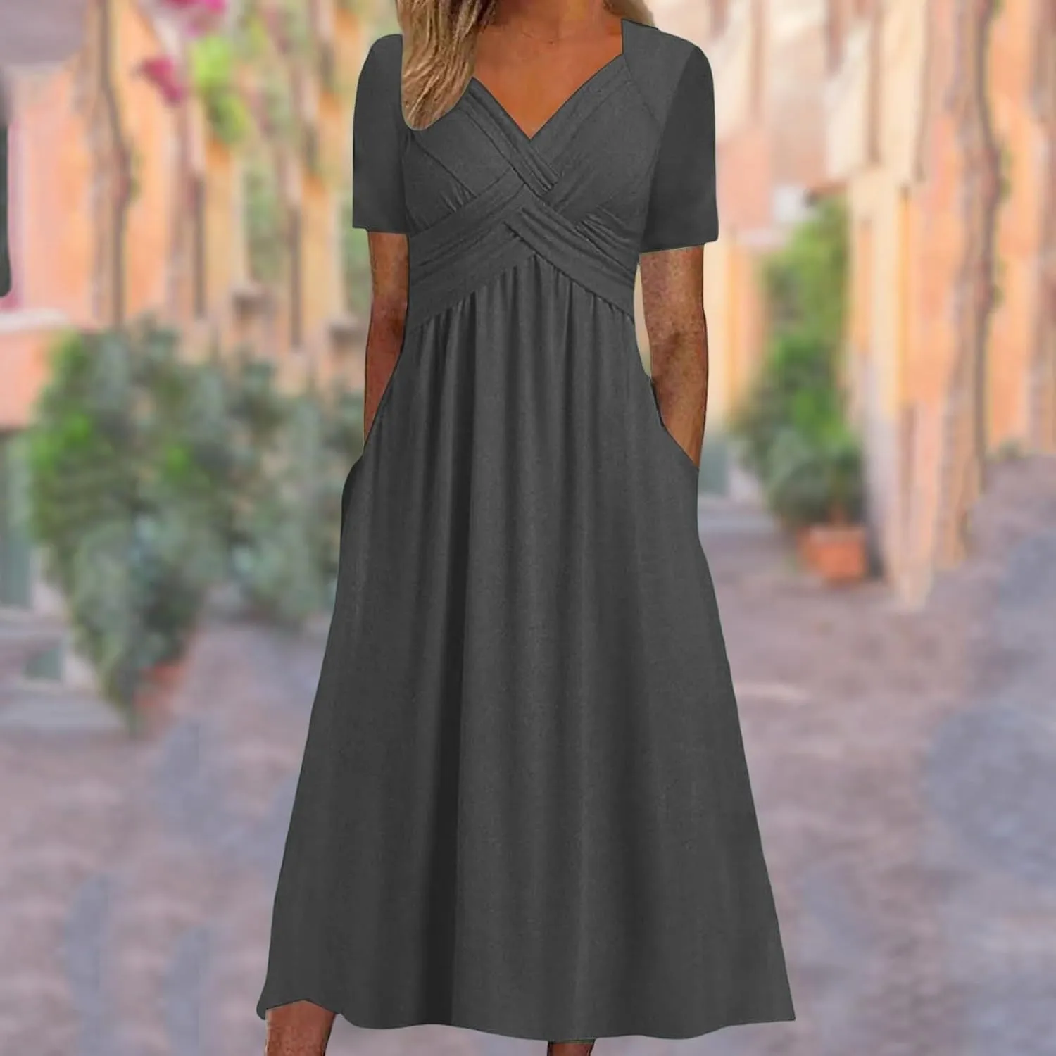 Womens Short Sleeve Dress Casual Plus Size V-Neck Maxi Dresses A Line Flowy Beach Sundress with Pockets