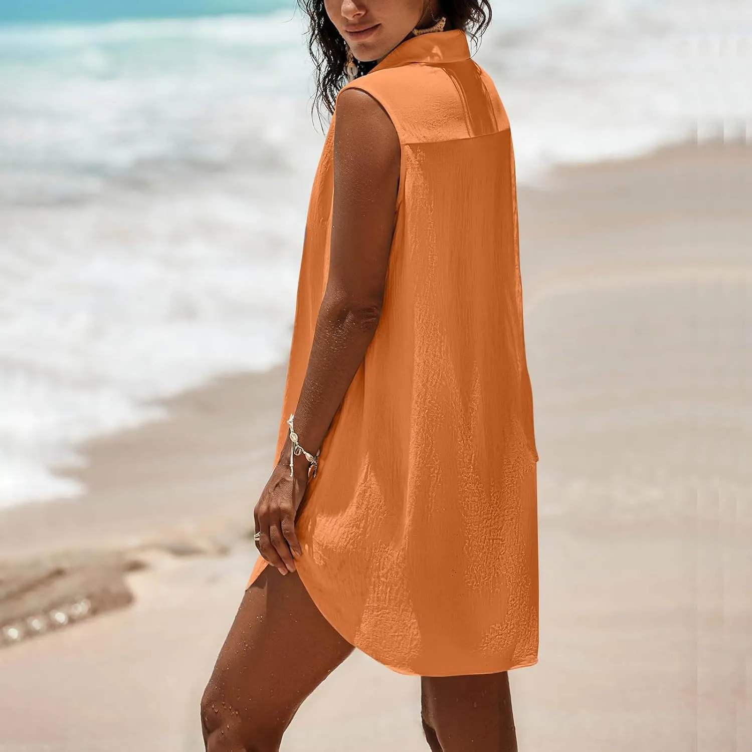 Women's Sleeveless Dress Summer V Neck Solid Color Ruched Short Dresses Casual Trendy Comfy Vacation Beach Mini Dress