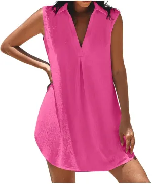 Women's Sleeveless Dress Summer V Neck Solid Color Ruched Short Dresses Casual Trendy Comfy Vacation Beach Mini Dress