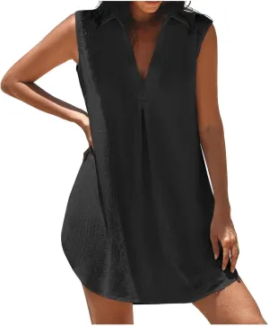 Women's Sleeveless Dress Summer V Neck Solid Color Ruched Short Dresses Casual Trendy Comfy Vacation Beach Mini Dress