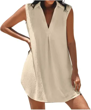 Women's Sleeveless Dress Summer V Neck Solid Color Ruched Short Dresses Casual Trendy Comfy Vacation Beach Mini Dress