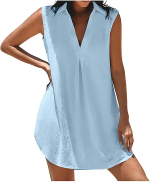 Women's Sleeveless Dress Summer V Neck Solid Color Ruched Short Dresses Casual Trendy Comfy Vacation Beach Mini Dress