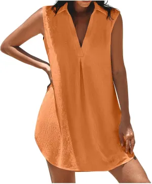 Women's Sleeveless Dress Summer V Neck Solid Color Ruched Short Dresses Casual Trendy Comfy Vacation Beach Mini Dress