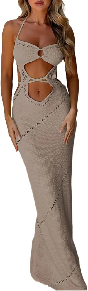 Womens Sleeveless Knit Bodycon Maxi Dress Halter Neck Cutout Backless Slim Fit Y2K Summer Beach Sundress