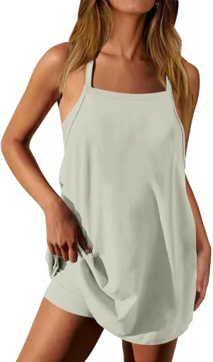 Womens Sleeveless Mini Dress with Built-in Shorts Summer Spaghetti Strap Romper Dresses Workout Sundress with Pockets