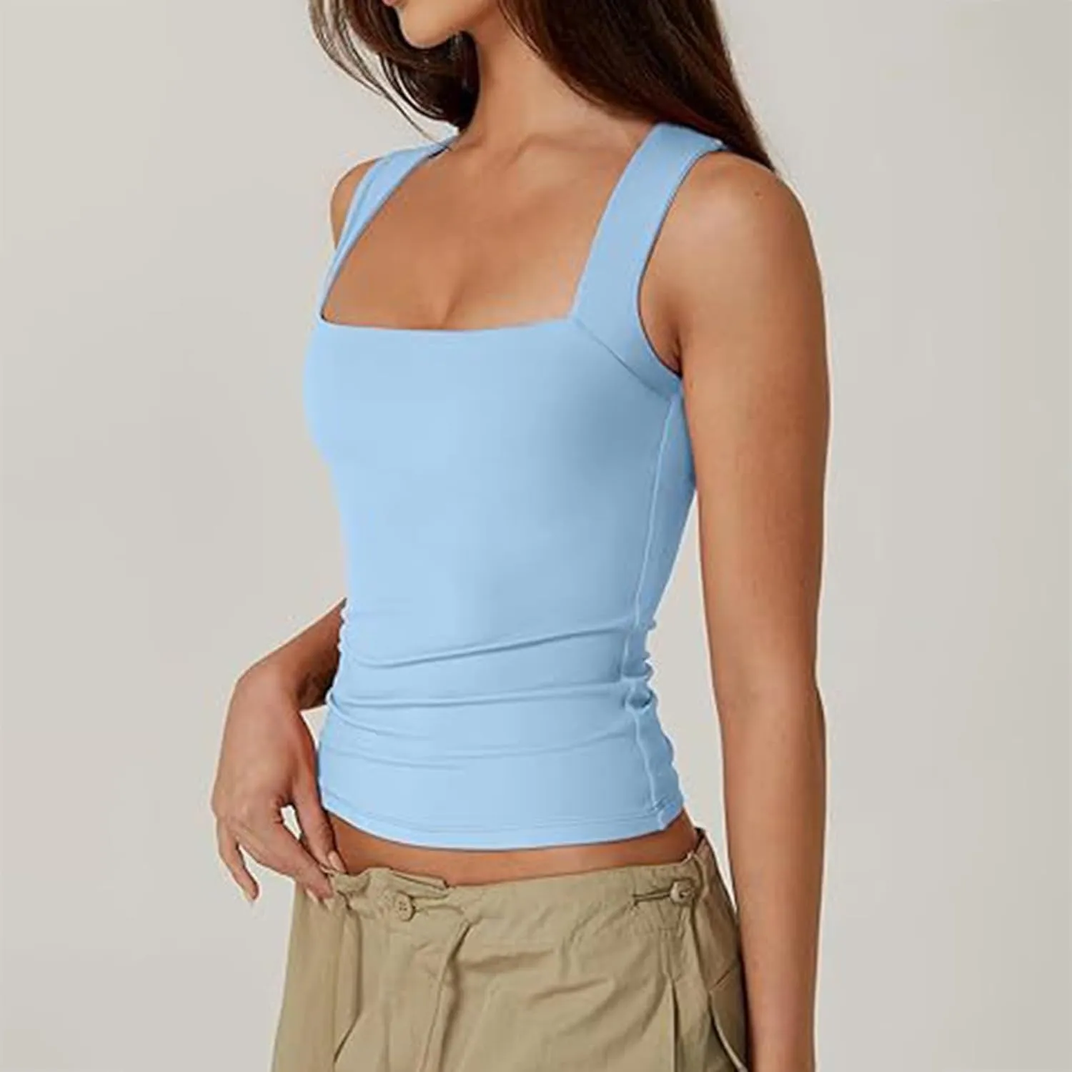 Women's Sleeveless Square Neck T-Shirt Camisole Summer Casual Slim Basic Sleeveless T-Shirt Fashion Cute Outing Tops