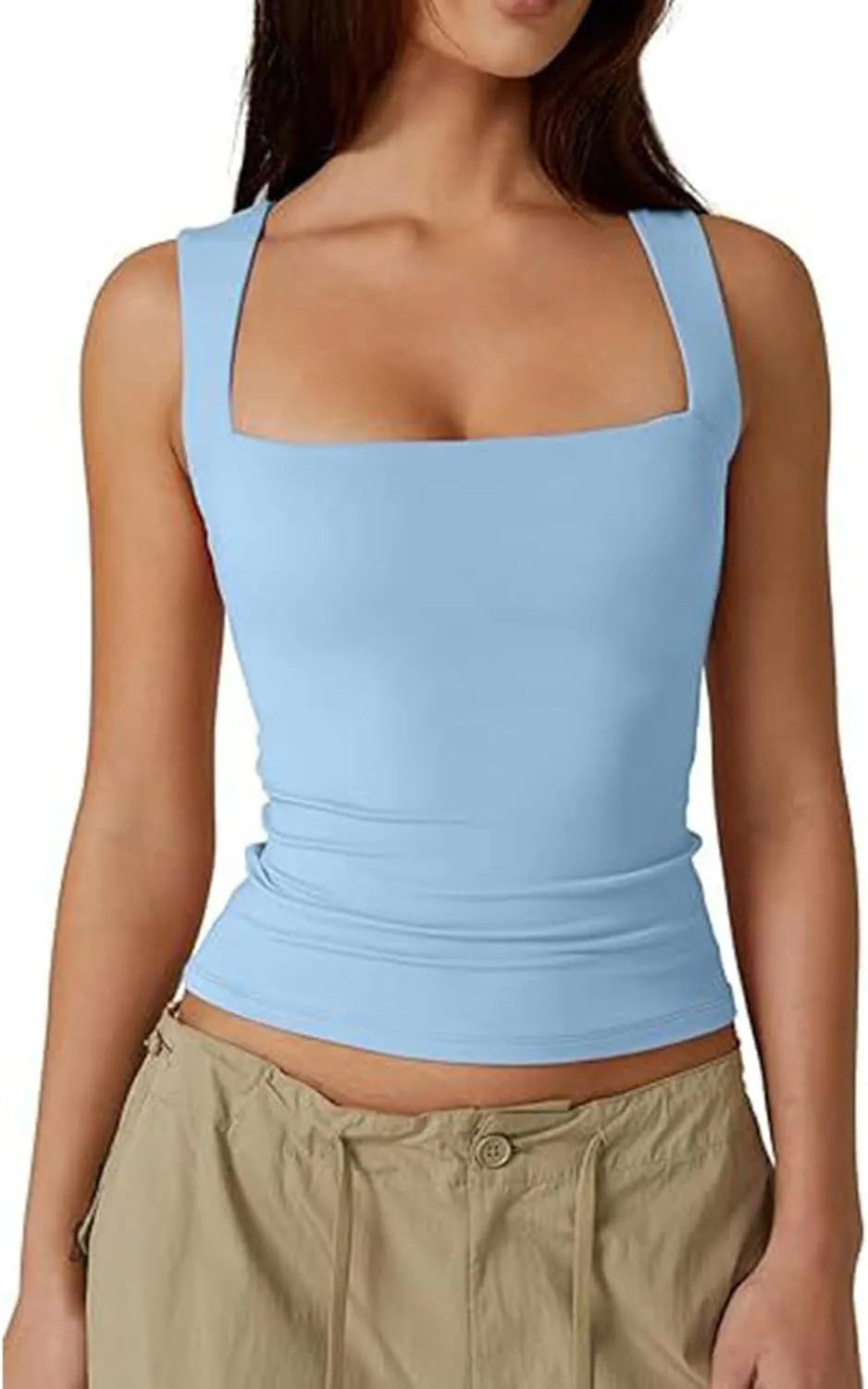 Women's Sleeveless Square Neck T-Shirt Camisole Summer Casual Slim Basic Sleeveless T-Shirt Fashion Cute Outing Tops