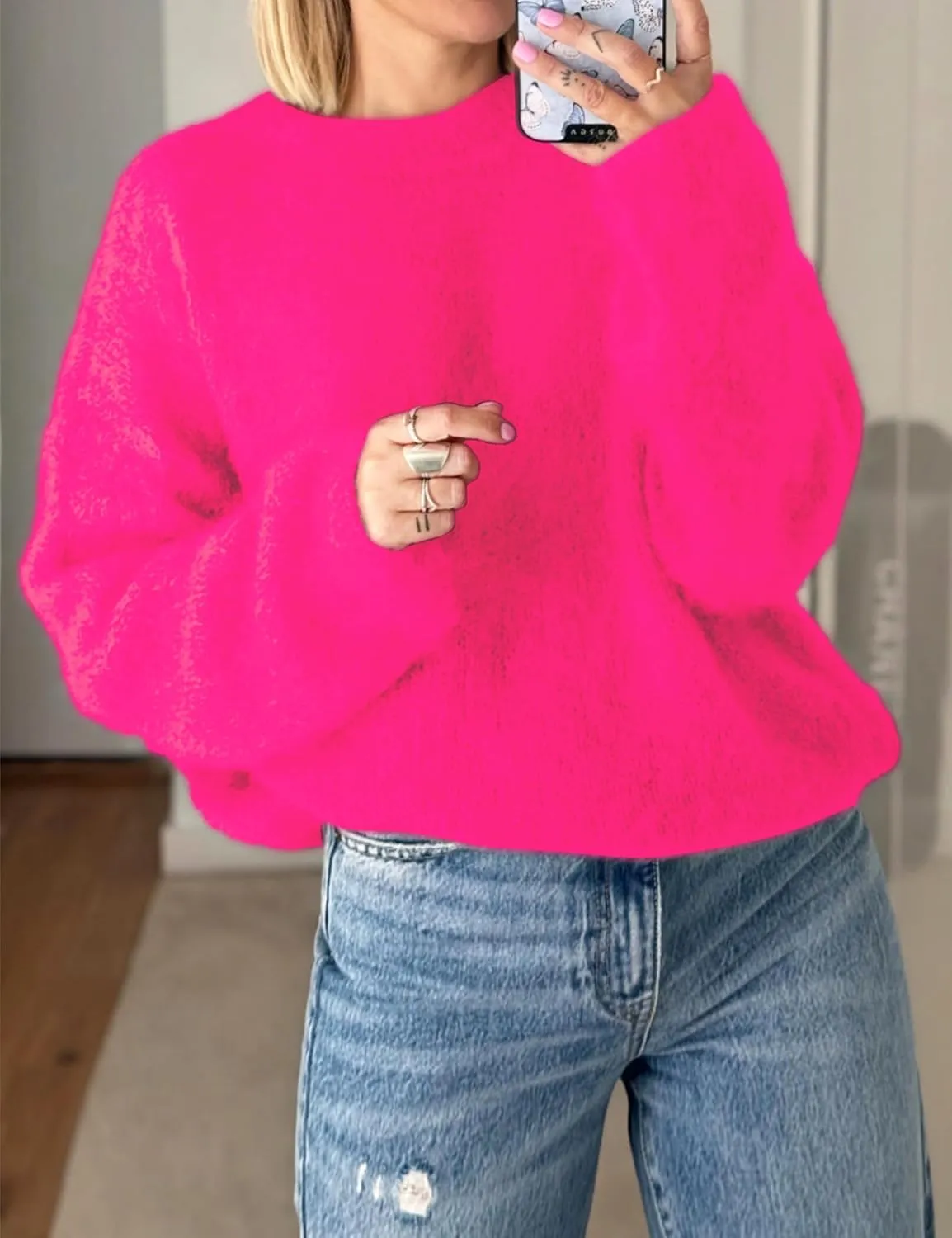 Womens Soft Fuzzy Knit Sweater Oversized Cozy Pullover Jumper Long Sleeve Casual Crewneck Sweater