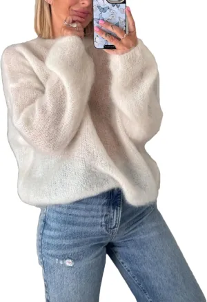 Womens Soft Fuzzy Knit Sweater Oversized Cozy Pullover Jumper Long Sleeve Casual Crewneck Sweater