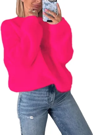 Womens Soft Fuzzy Knit Sweater Oversized Cozy Pullover Jumper Long Sleeve Casual Crewneck Sweater