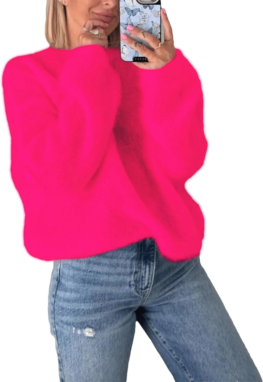 Womens Soft Fuzzy Knit Sweater Oversized Cozy Pullover Jumper Long Sleeve Casual Crewneck Sweater