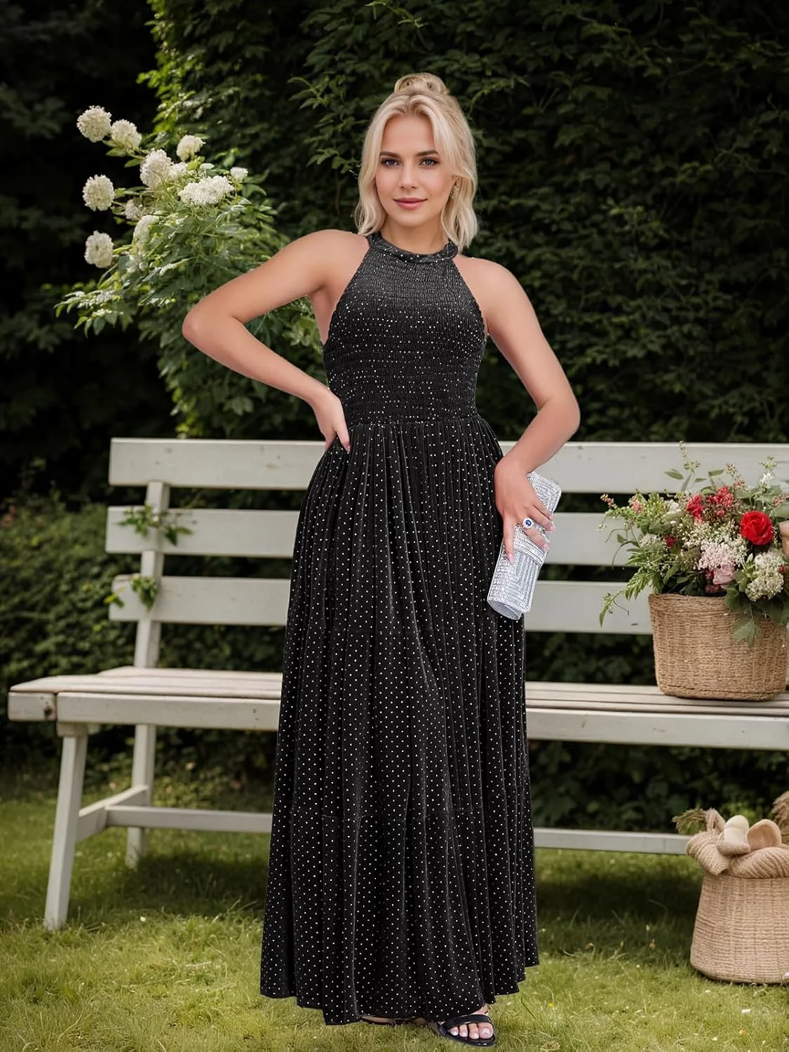 Women's Spring Formal Long Dress Halter Neck Velvet Sleeveless A-Line Maxi Gowns Wedding Guest Party Adult Prom Dresses