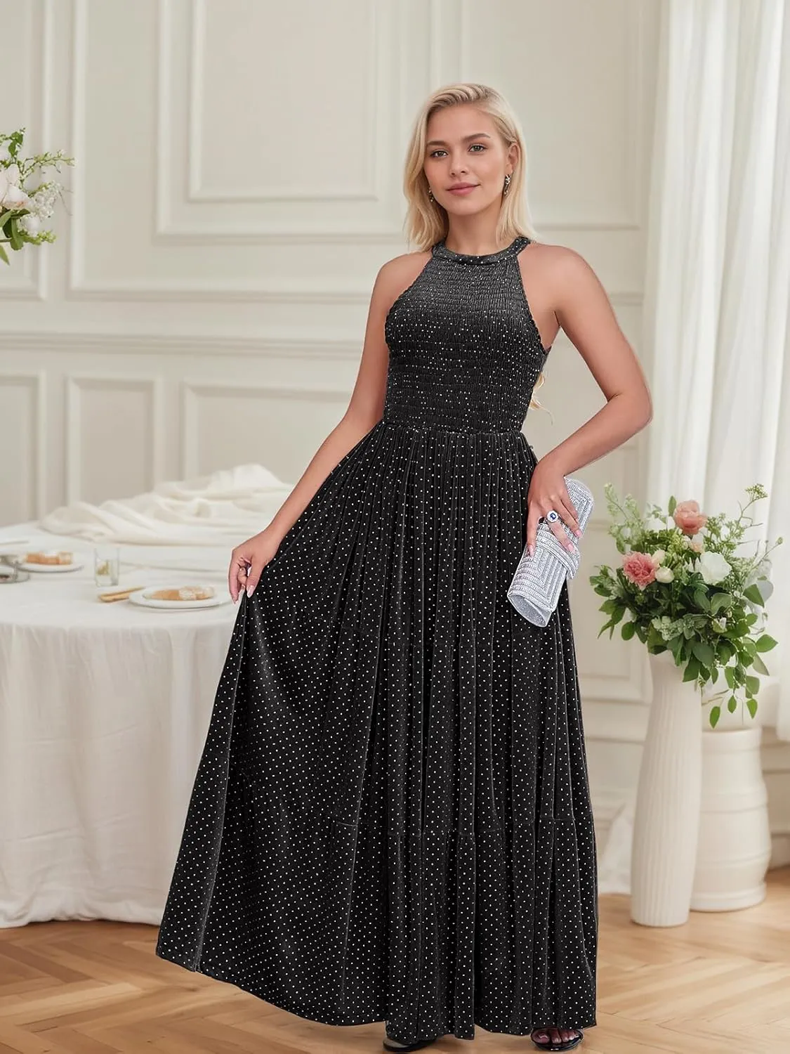 Women's Spring Formal Long Dress Halter Neck Velvet Sleeveless A-Line Maxi Gowns Wedding Guest Party Adult Prom Dresses