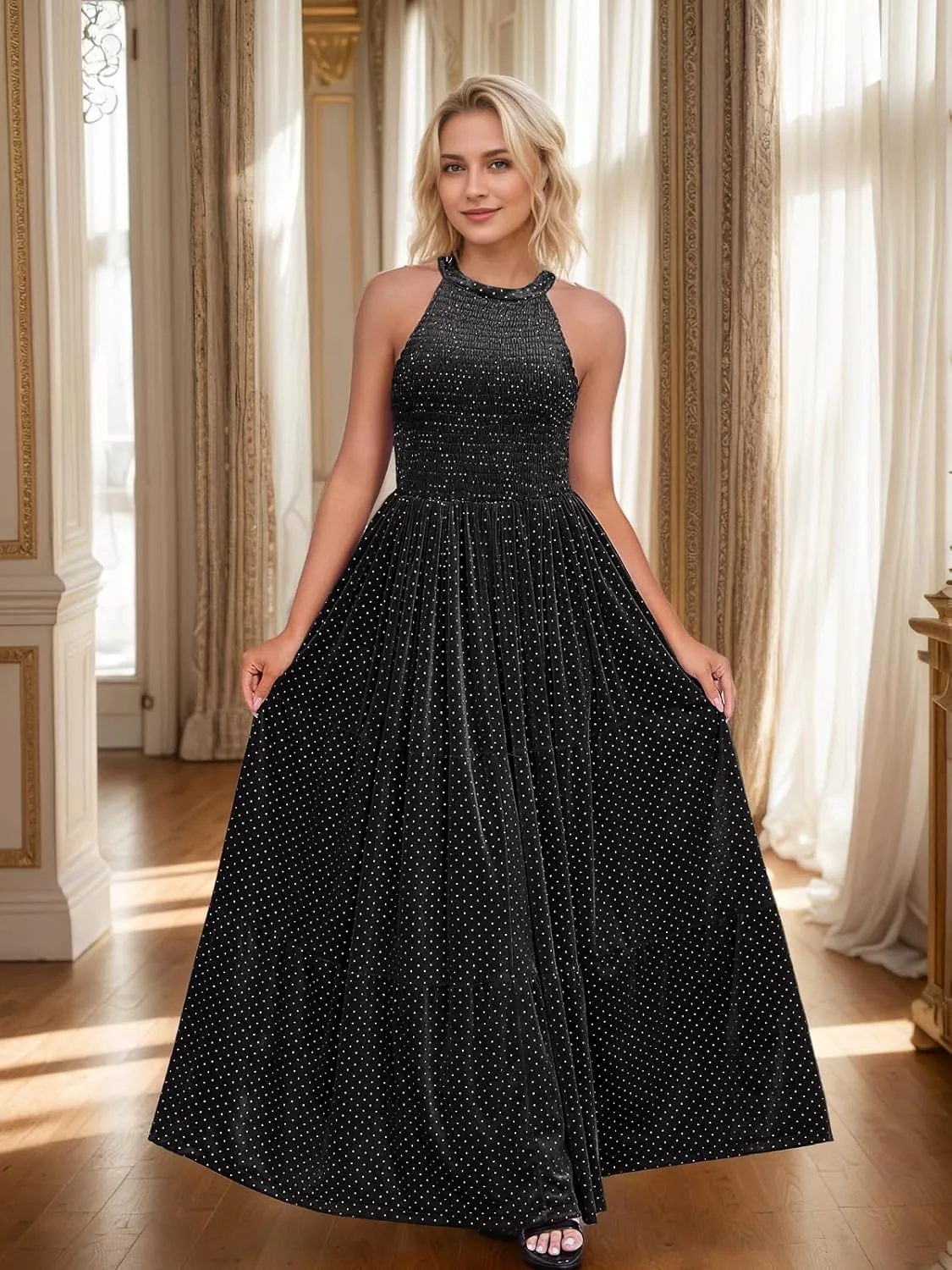 Women's Spring Formal Long Dress Halter Neck Velvet Sleeveless A-Line Maxi Gowns Wedding Guest Party Adult Prom Dresses