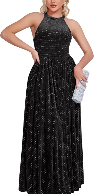 Women's Spring Formal Long Dress Halter Neck Velvet Sleeveless A-Line Maxi Gowns Wedding Guest Party Adult Prom Dresses