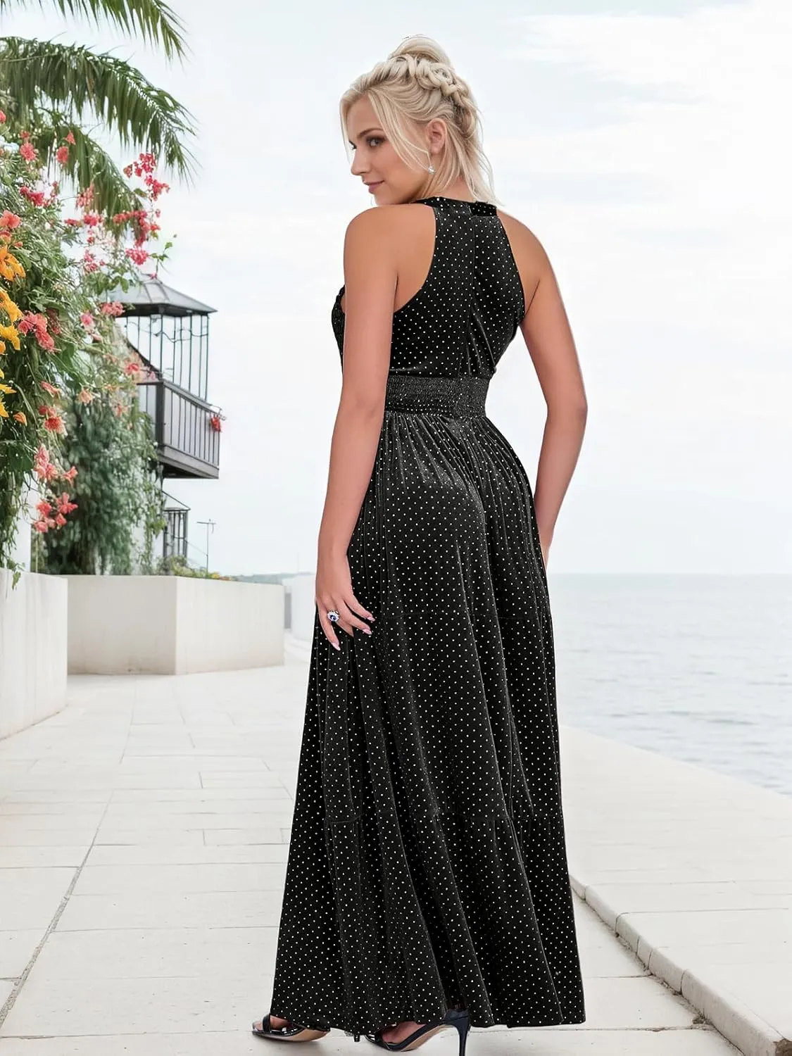 Women's Spring Formal Long Dress Halter Neck Velvet Sleeveless A-Line Maxi Gowns Wedding Guest Party Adult Prom Dresses
