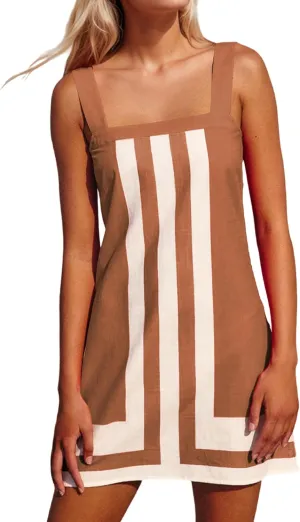 Womens Striped Mini Dress Sleeveless Color Block A Line Dress Beach Summer Boho Sundress Casual Short Dress Cover Up