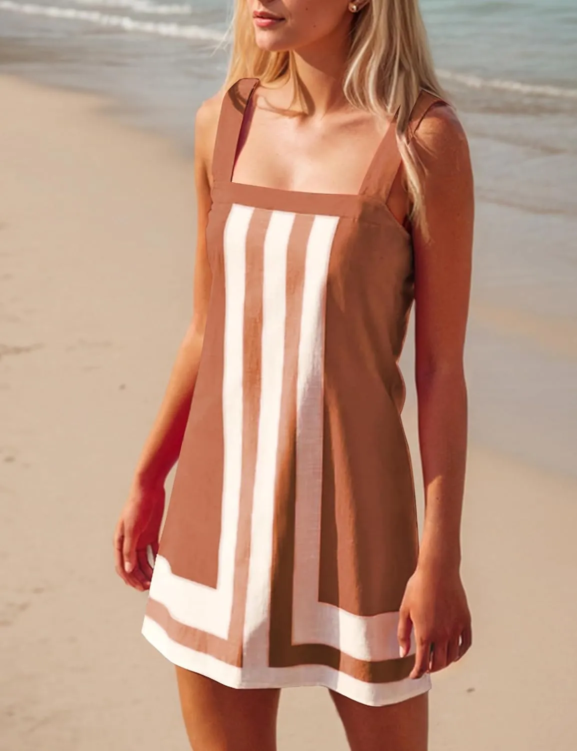 Womens Striped Mini Dress Sleeveless Color Block A Line Dress Beach Summer Boho Sundress Casual Short Dress Cover Up