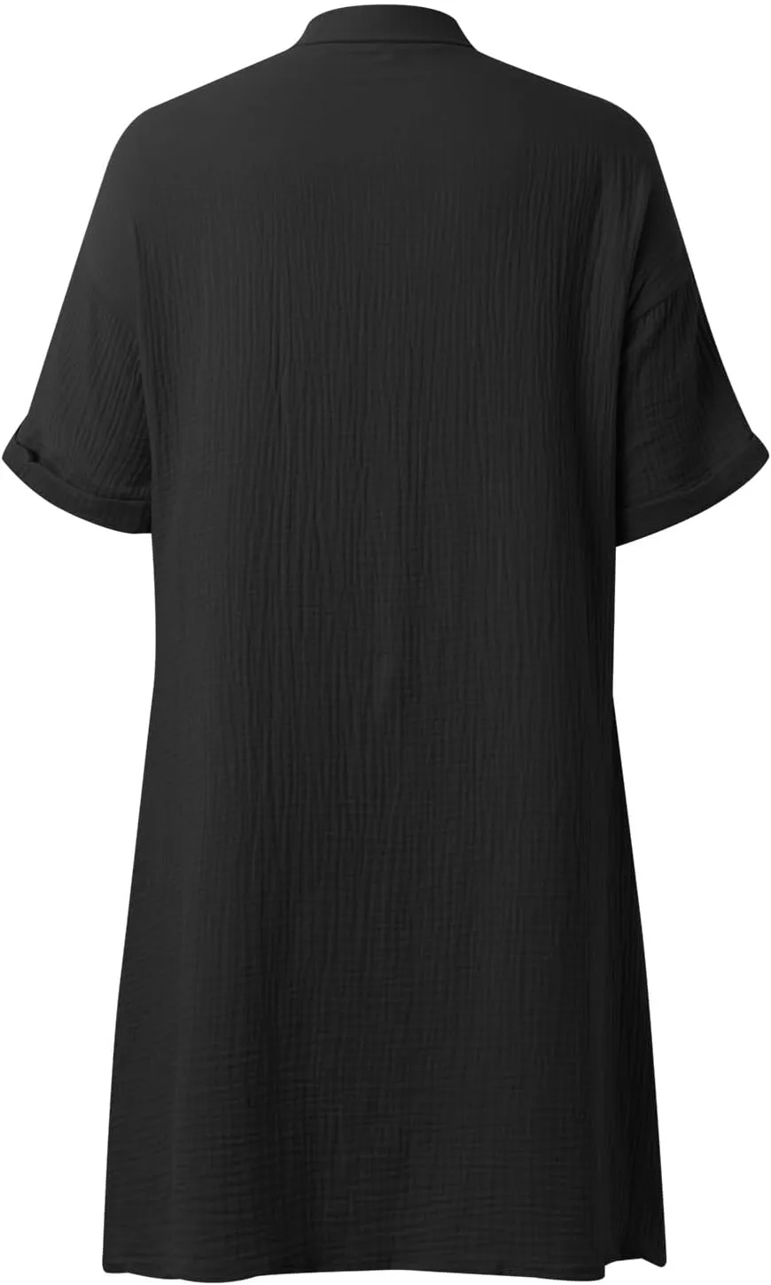 Womens Summer Button Down Shirt Dress Short Cap Sleeve Mini Dresses Loose Fit Casual Sundress with Pockets