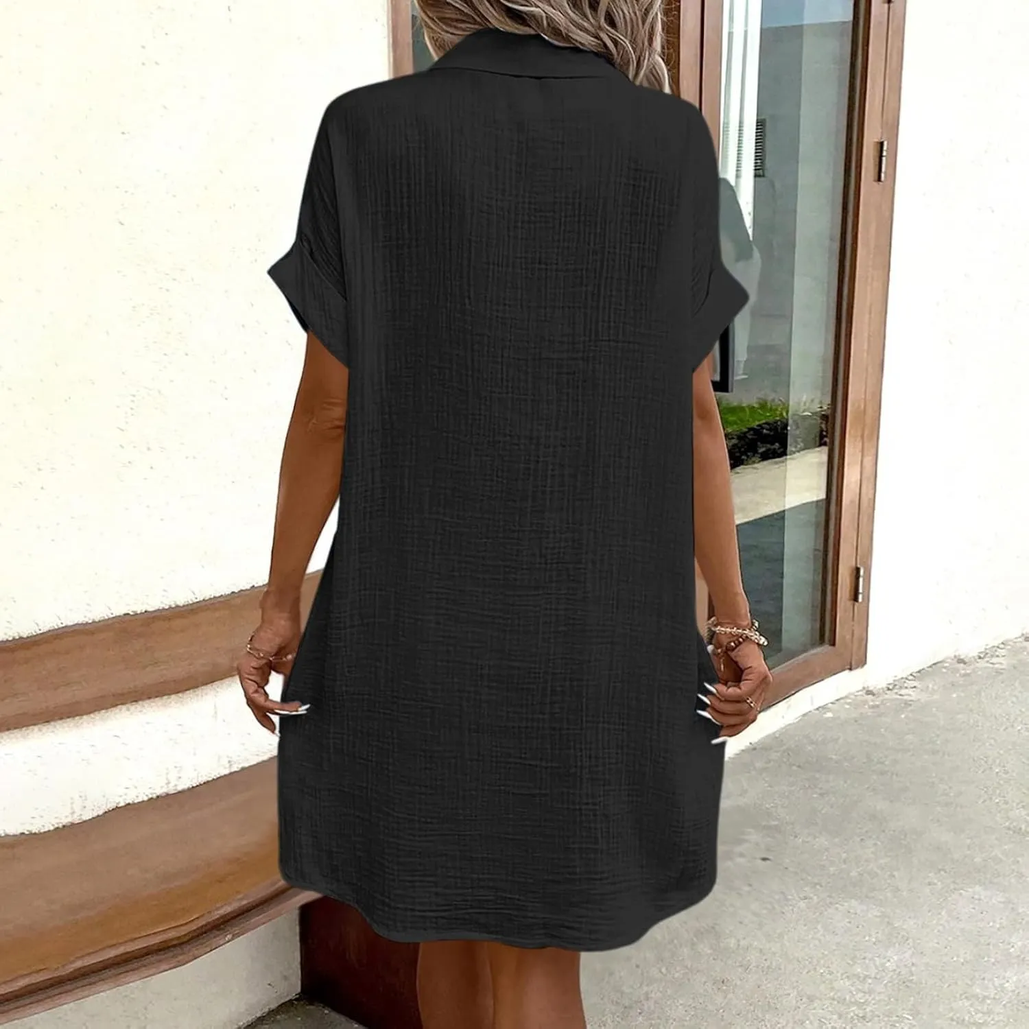 Womens Summer Button Down Shirt Dress Short Cap Sleeve Mini Dresses Loose Fit Casual Sundress with Pockets
