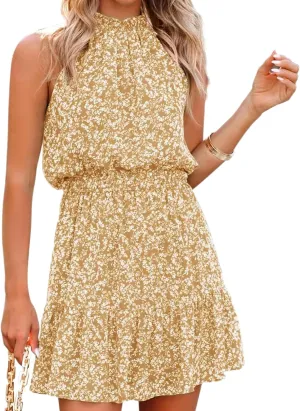 Womens Summer Casual Sleeveless Mini Dress Boho Floral Print Ruffled Hem Elastic Waist Flowy Dress