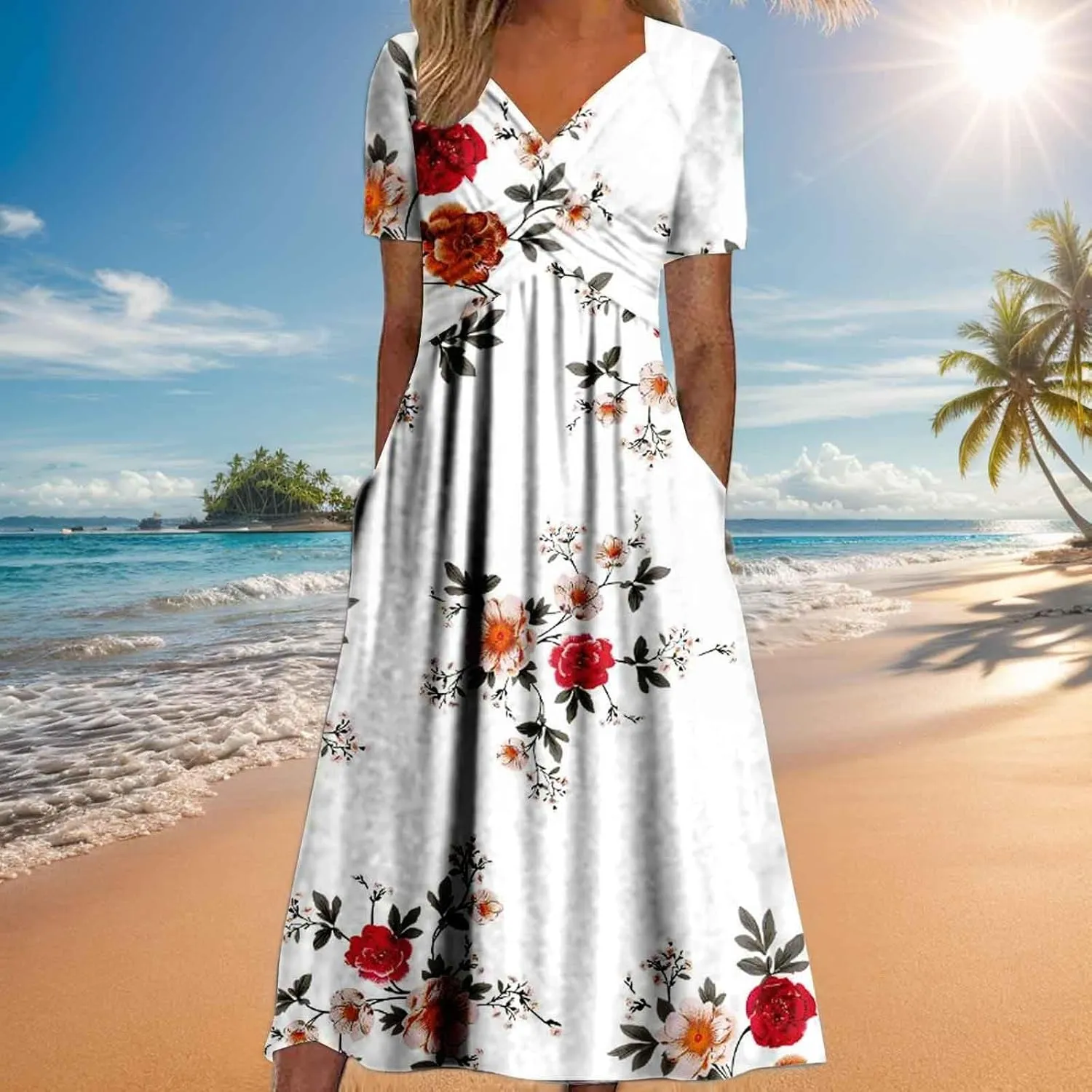 Womens Summer Casual Tshirt Dresses Short Sleeve V Neck Loose Maxi Sundress with Pockets Trendy Beach Vacation Dress