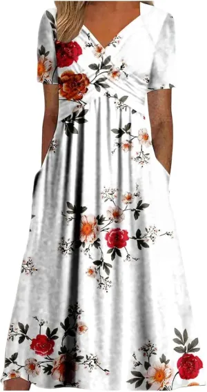 Womens Summer Casual Tshirt Dresses Short Sleeve V Neck Loose Maxi Sundress with Pockets Trendy Beach Vacation Dress