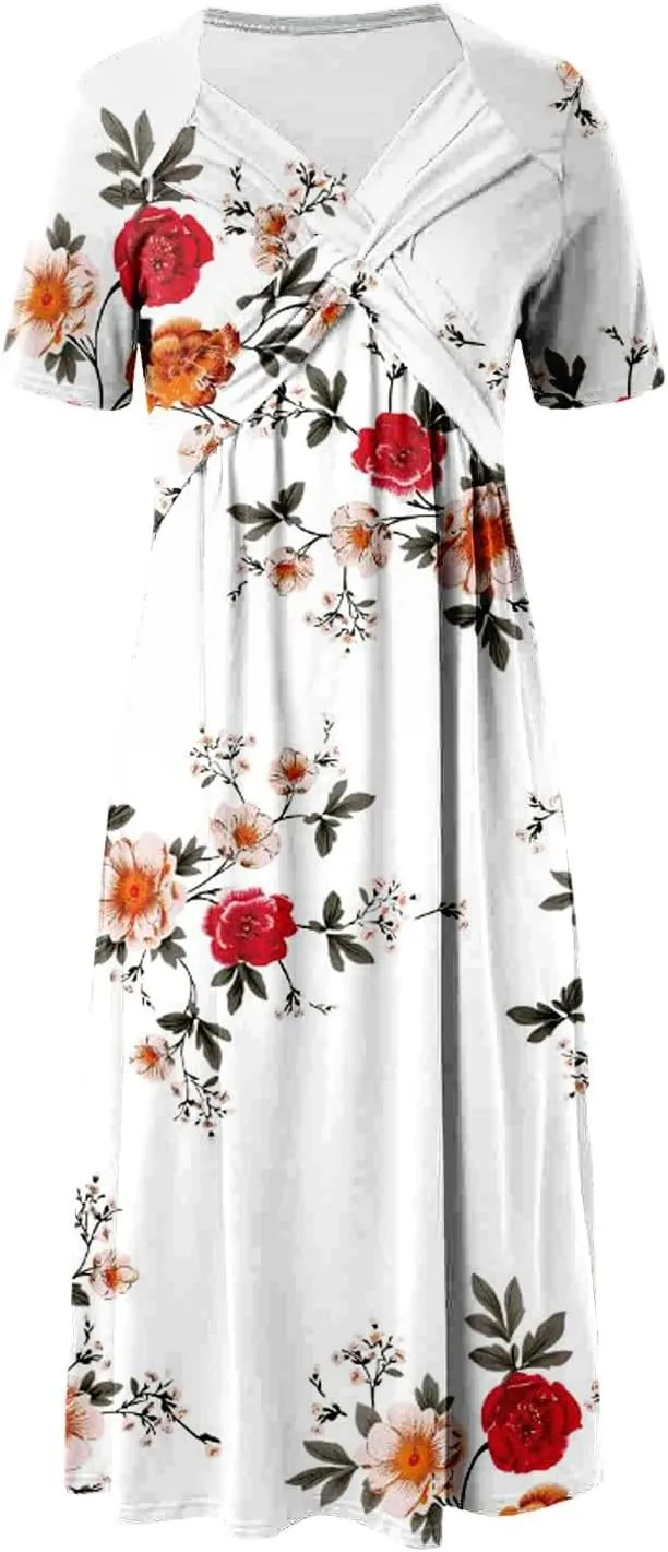 Womens Summer Casual Tshirt Dresses Short Sleeve V Neck Loose Maxi Sundress with Pockets Trendy Beach Vacation Dress