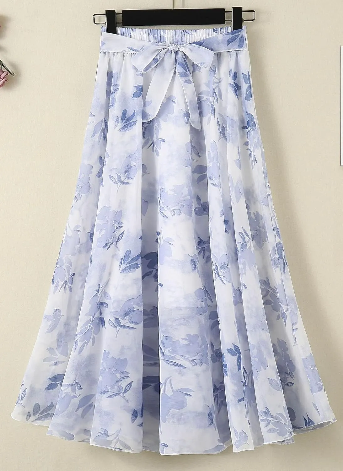 Women's Summer Chiffon Floral Long Skirt,Soft Ladies Bohemian Style Midi Flowy Skirt Elastic Print Maxi Casual Skirt