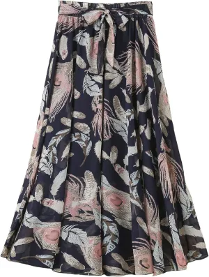 Women's Summer Chiffon Floral Long Skirt,Soft Ladies Bohemian Style Midi Flowy Skirt Elastic Print Maxi Casual Skirt