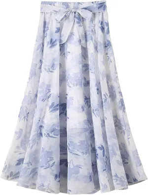 Women's Summer Chiffon Floral Long Skirt,Soft Ladies Bohemian Style Midi Flowy Skirt Elastic Print Maxi Casual Skirt