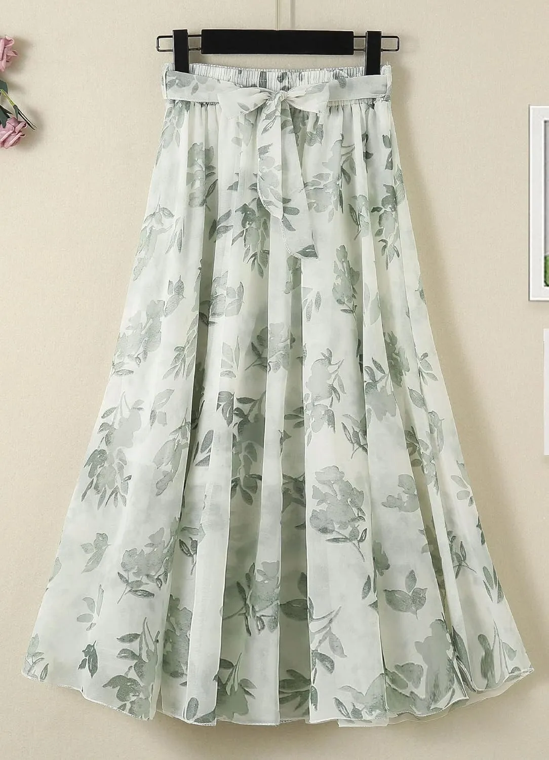 Women's Summer Chiffon Floral Long Skirt,Soft Ladies Bohemian Style Midi Flowy Skirt Elastic Print Maxi Casual Skirt