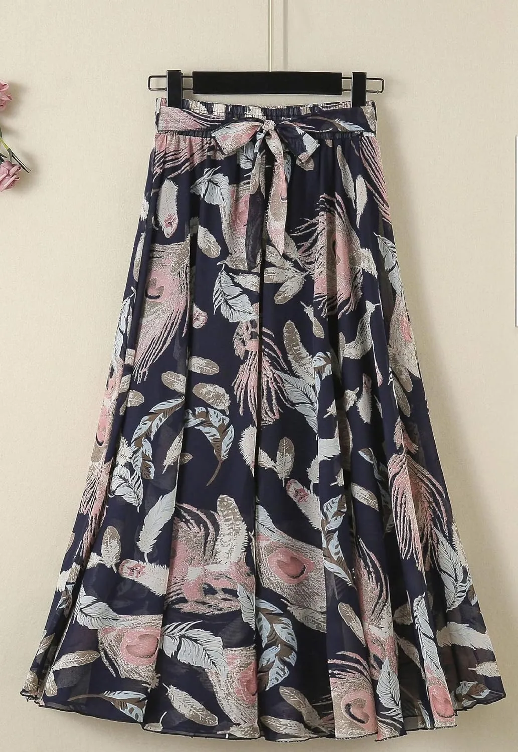 Women's Summer Chiffon Floral Long Skirt,Soft Ladies Bohemian Style Midi Flowy Skirt Elastic Print Maxi Casual Skirt