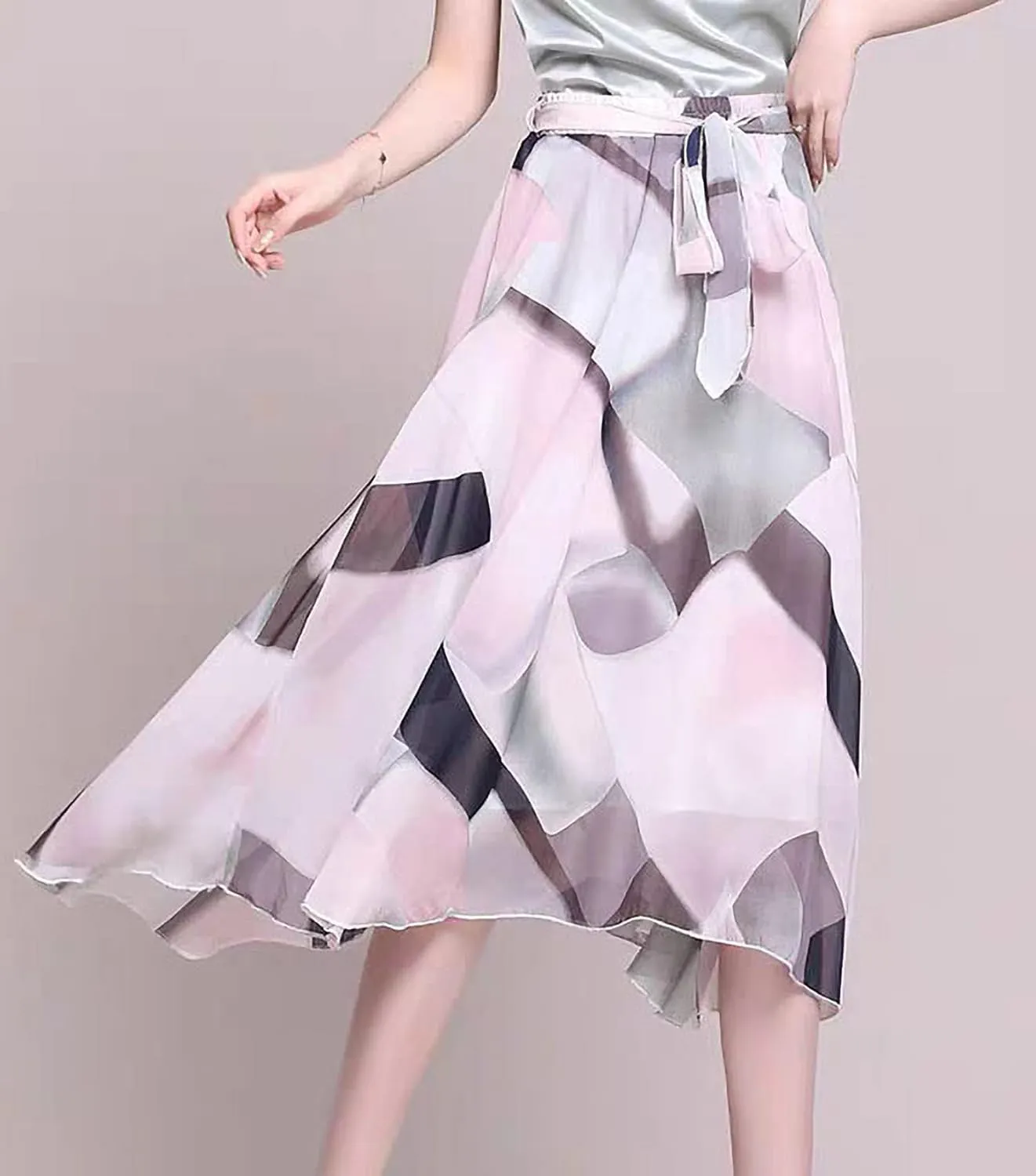 Women's Summer Chiffon Floral Long Skirt,Soft Ladies Bohemian Style Midi Flowy Skirt Elastic Print Maxi Casual Skirt
