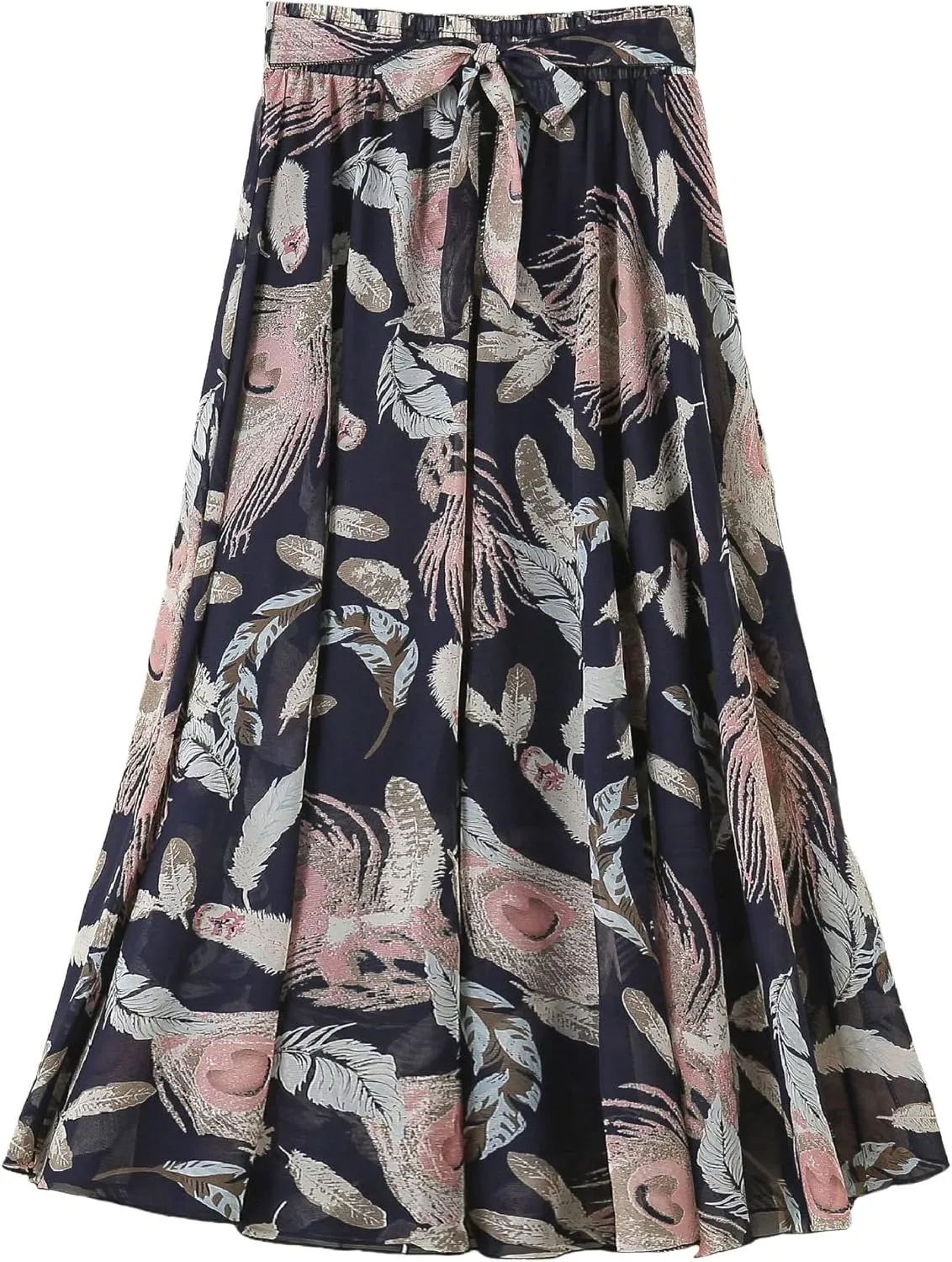 Women's Summer Chiffon Floral Long Skirt,Soft Ladies Bohemian Style Midi Flowy Skirt Elastic Print Maxi Casual Skirt